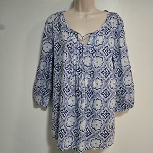 J Jill Size M Blue Tunic Blouse BoHo Tie-Front Tassel Cottage Beach Peasant